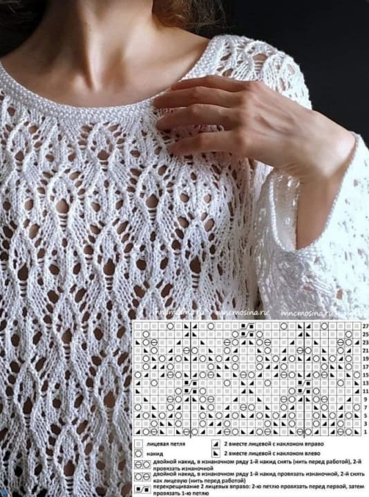 Белая летняя кофточка ажурным рисунком со схемой