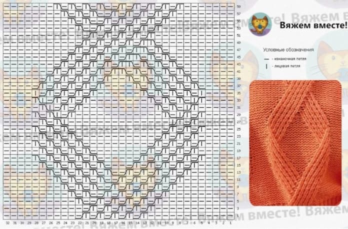 Схема узора ромбы из перекрещенных петель
